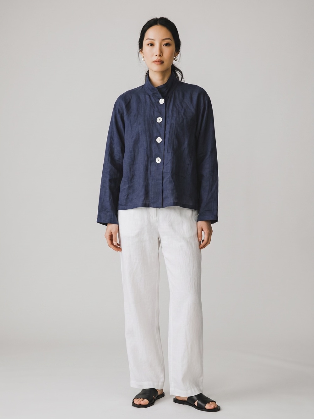 Blue Linen Button Down Shirt Size L Vintage 90s Spin Studio Minimalist Lagenlook